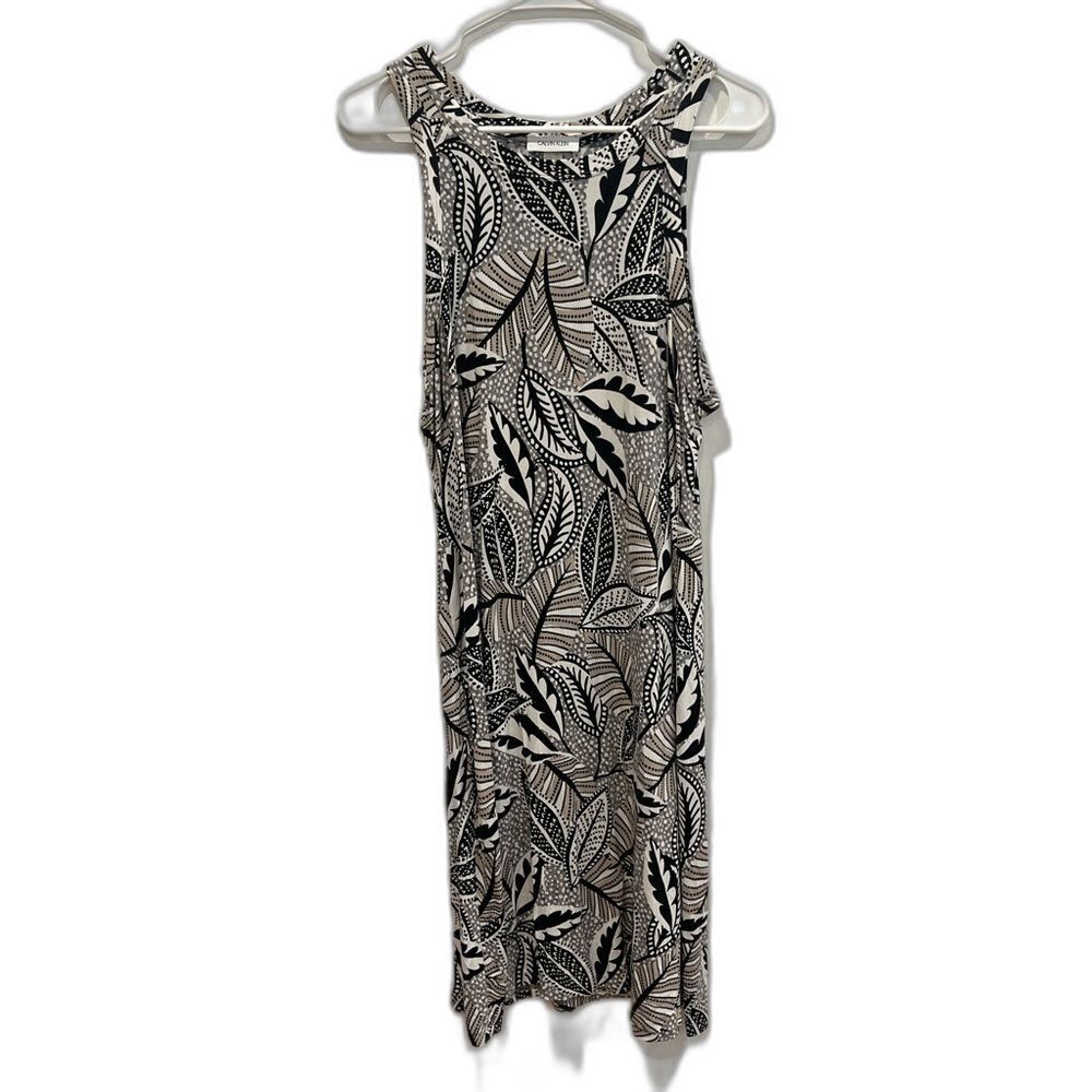 Calvin Klein Women's Size 14 Black White Tan Sleeveless Midi Dress Printed